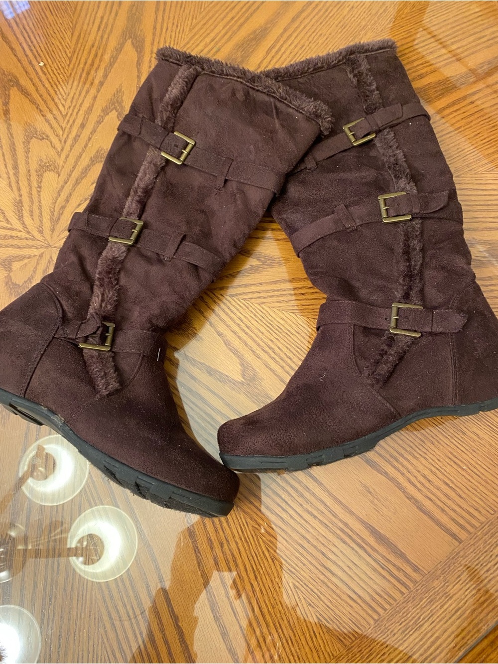 Wanted Dark Brown Faux Suede Fur-Trim Knee Boots with Buckles
